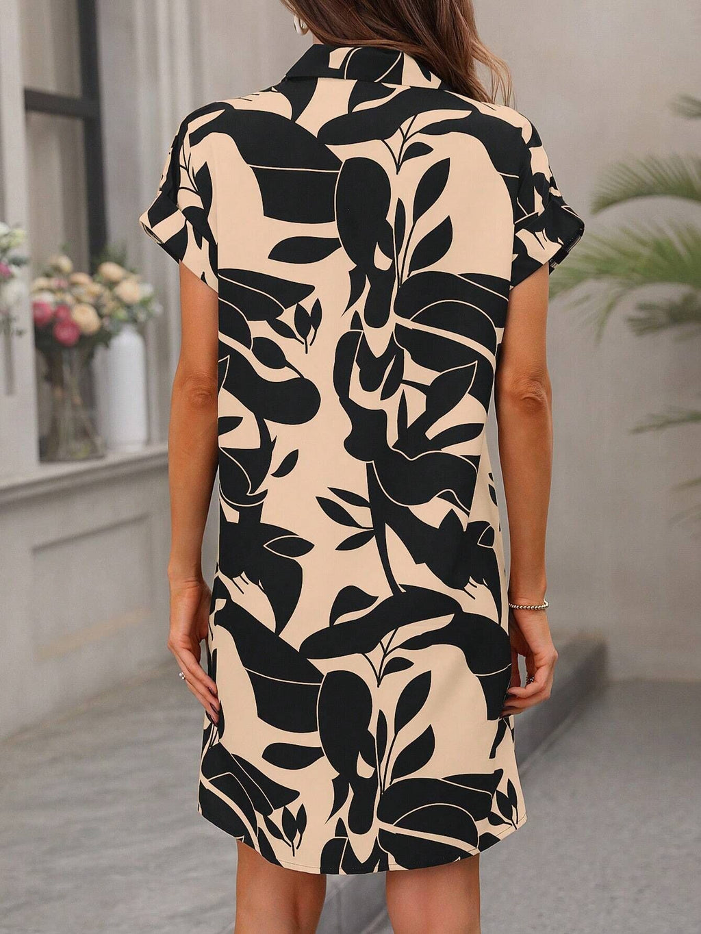Abstract Print Button Down Shirt Dress - Black - 3