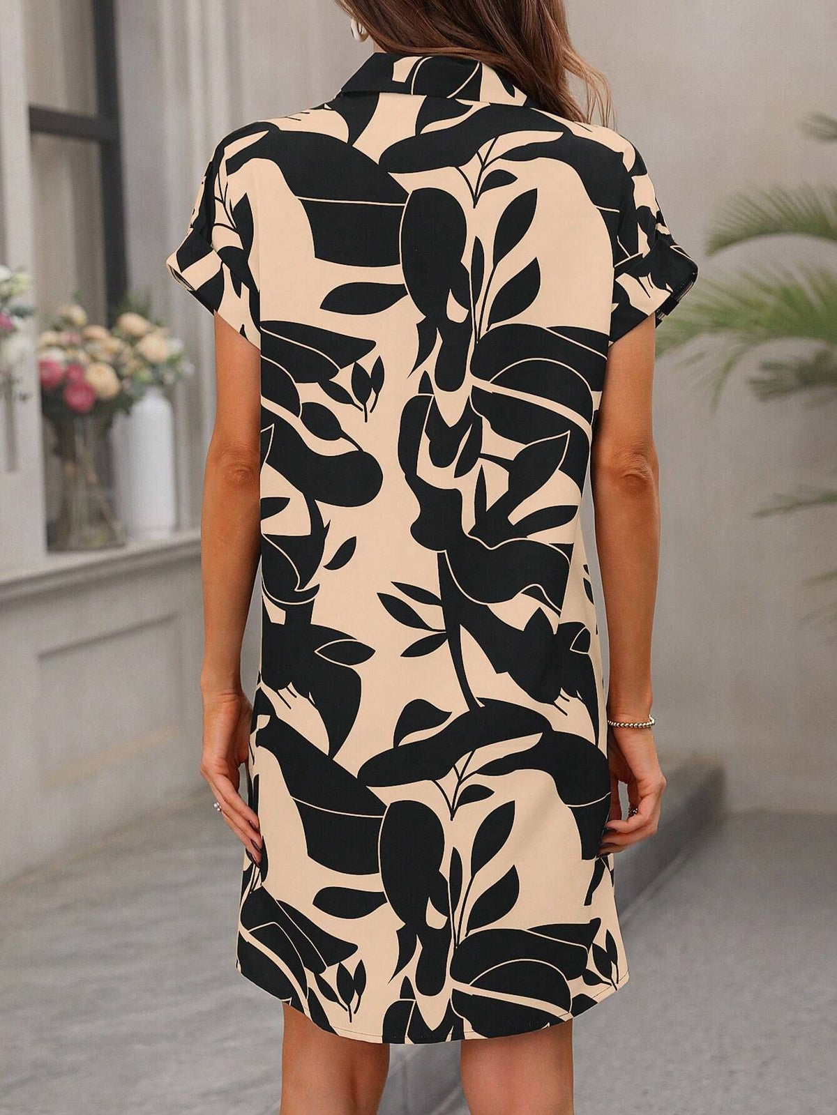 Abstract Print Button Down Shirt Dress - Black - 3