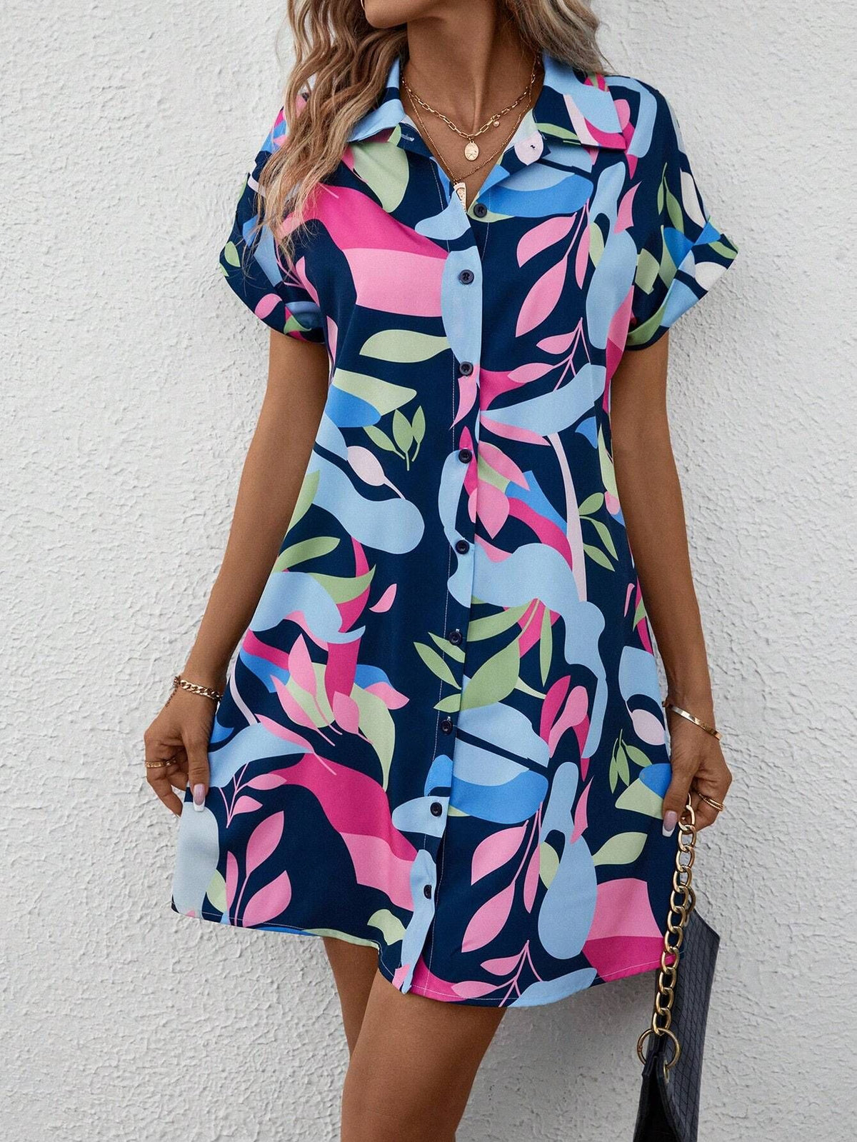 Abstract Print Button Down Shirt Dress - Blue