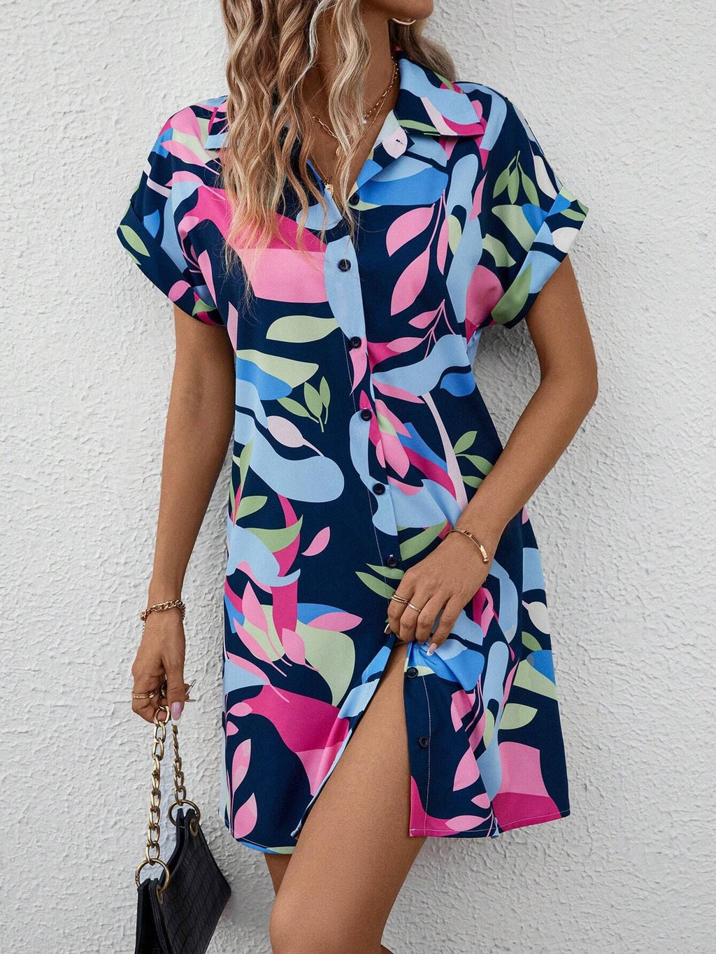 Abstract Print Button Down Shirt Dress - Blue - 1