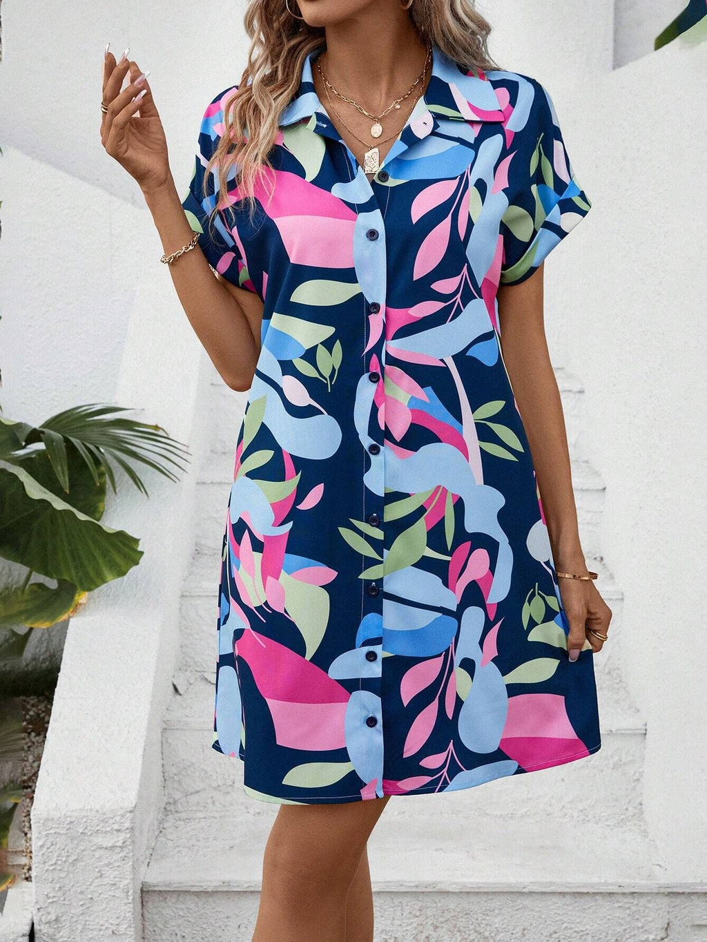 Abstract Print Button Down Shirt Dress - Blue - 2