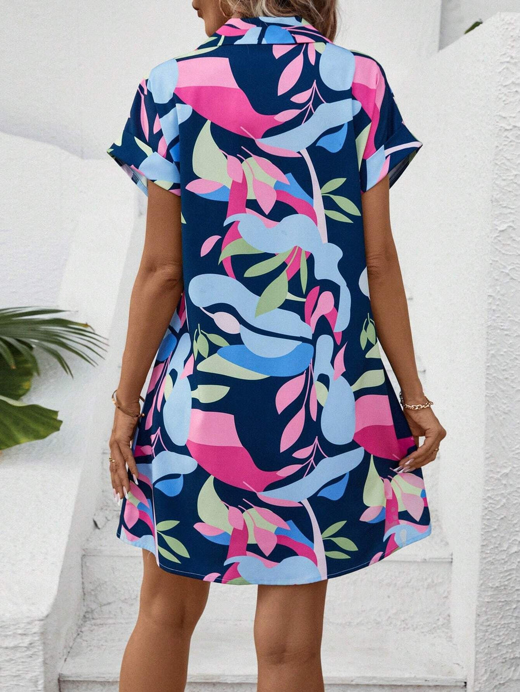 Abstract Print Button Down Shirt Dress - Blue - 3