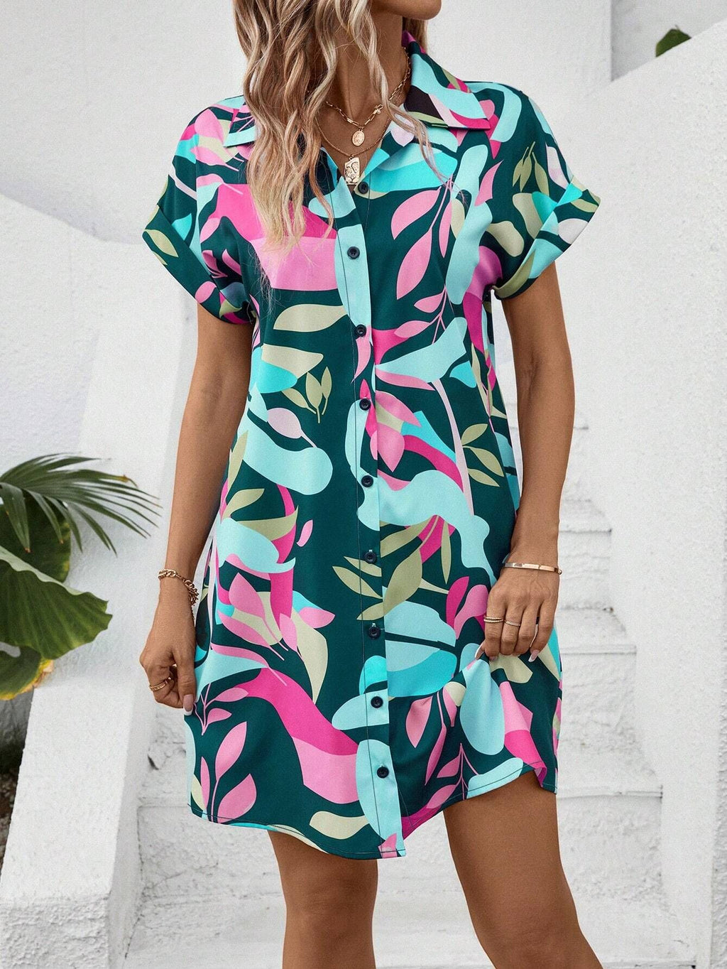 Abstract Print Button Down Shirt Dress - Green