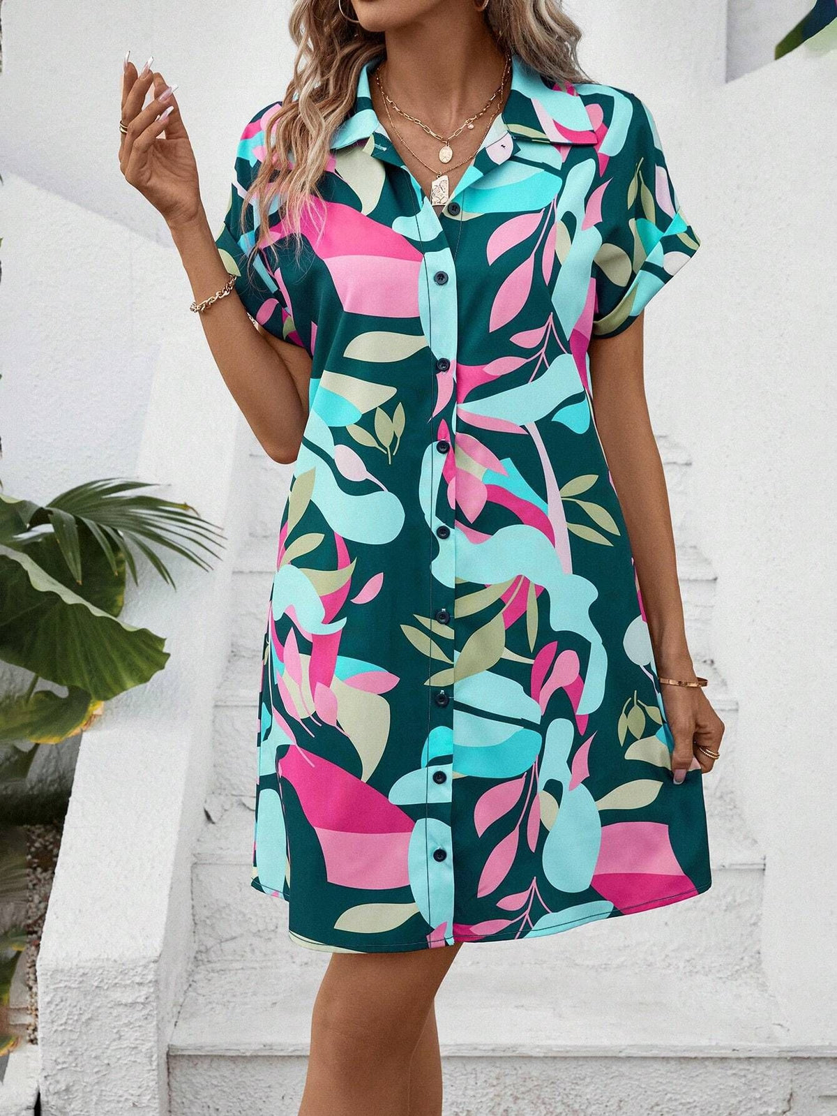Abstract Print Button Down Shirt Dress - Green - 1