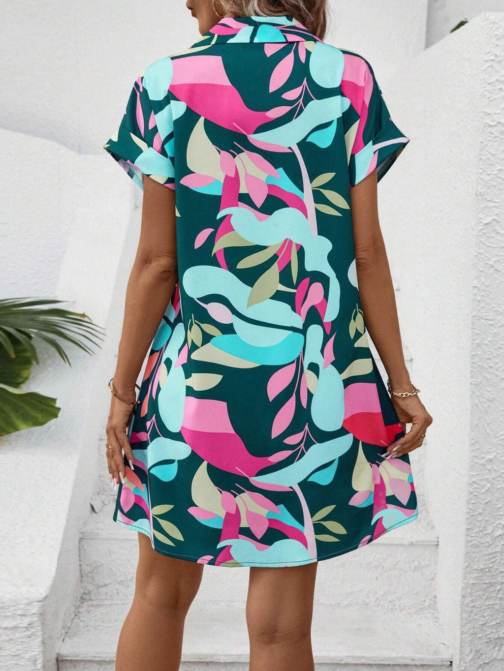 Abstract Print Button Down Shirt Dress - Green - 2
