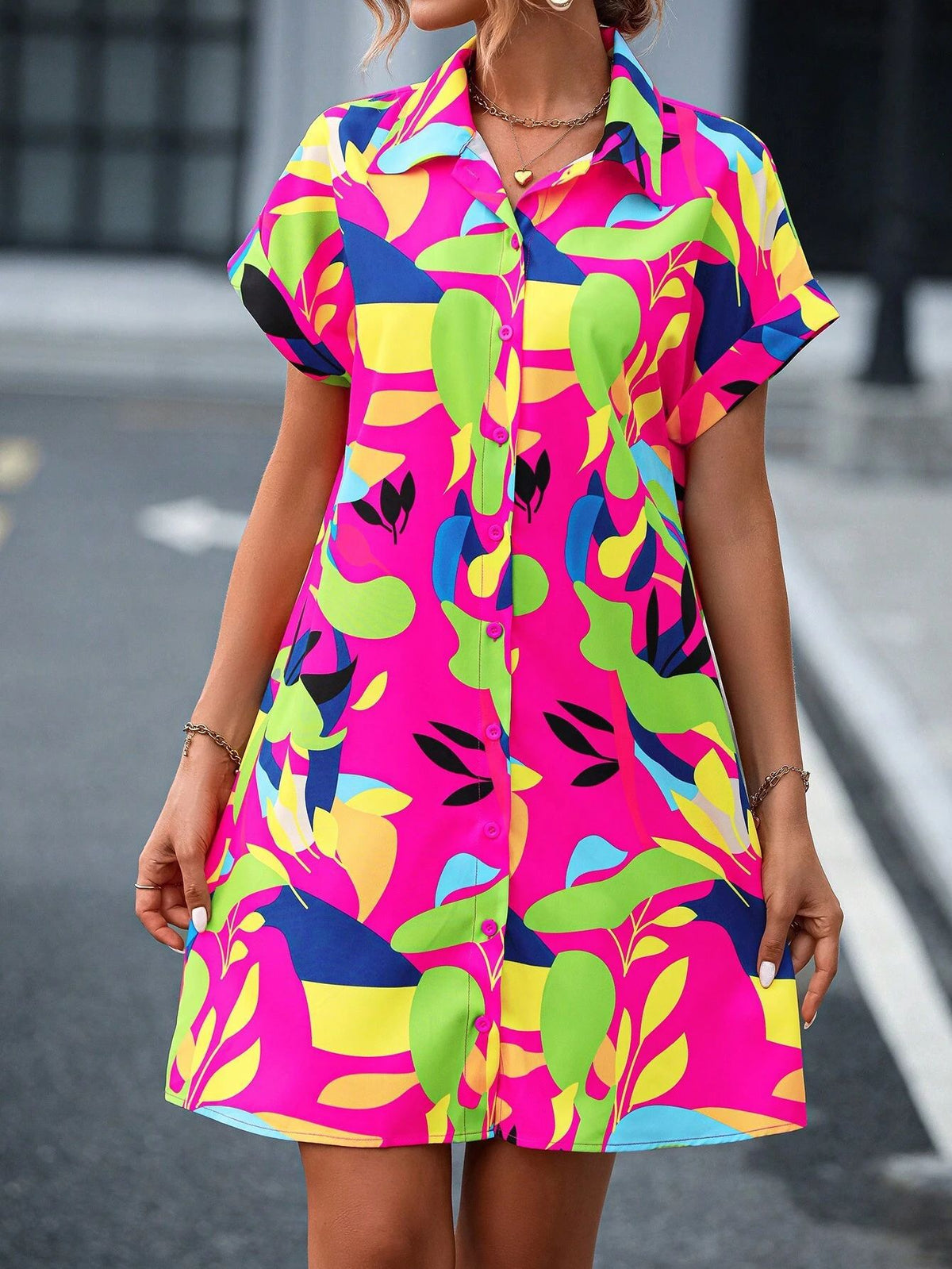Abstract Print Button Down Shirt Dress - Rose Red