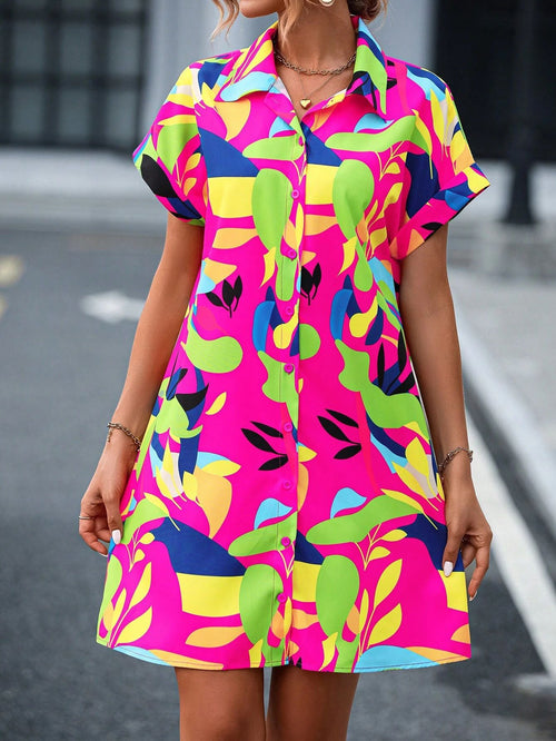 Abstract Print Button Down Shirt Dress - Rose Red