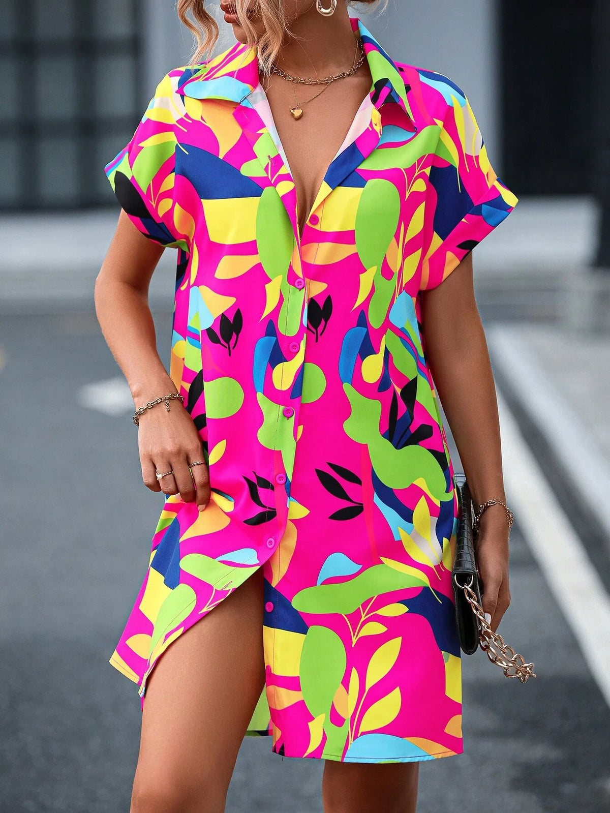 Abstract Print Button Down Shirt Dress - Rose Red - 1