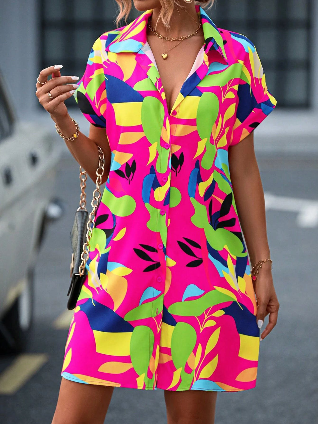 Abstract Print Button Down Shirt Dress - Rose Red - 2