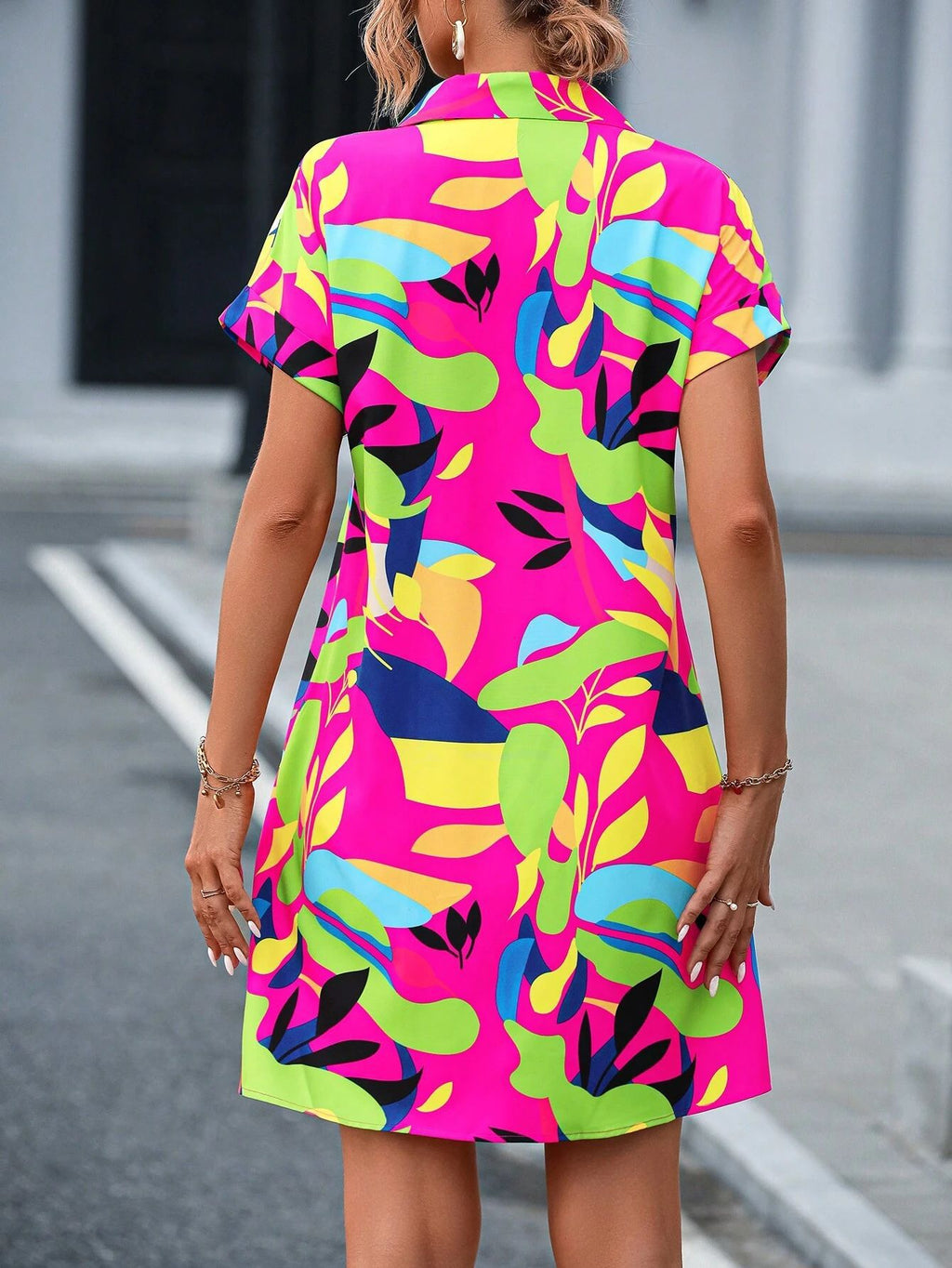 Abstract Print Button Down Shirt Dress - Rose Red - 3
