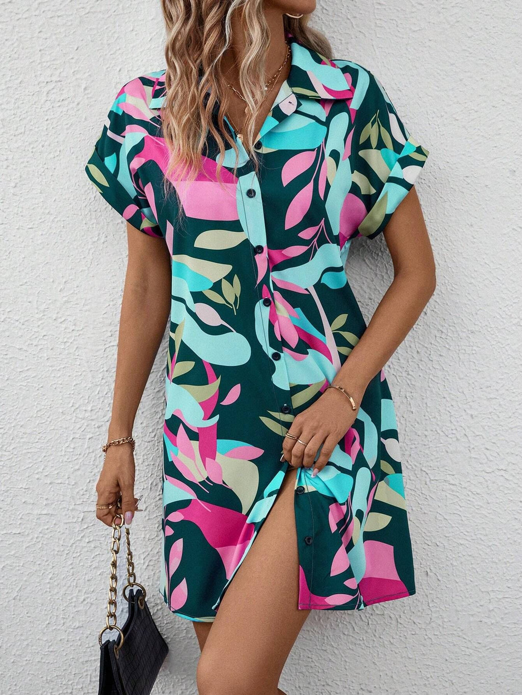 Abstract Print Button Down Shirt Dress