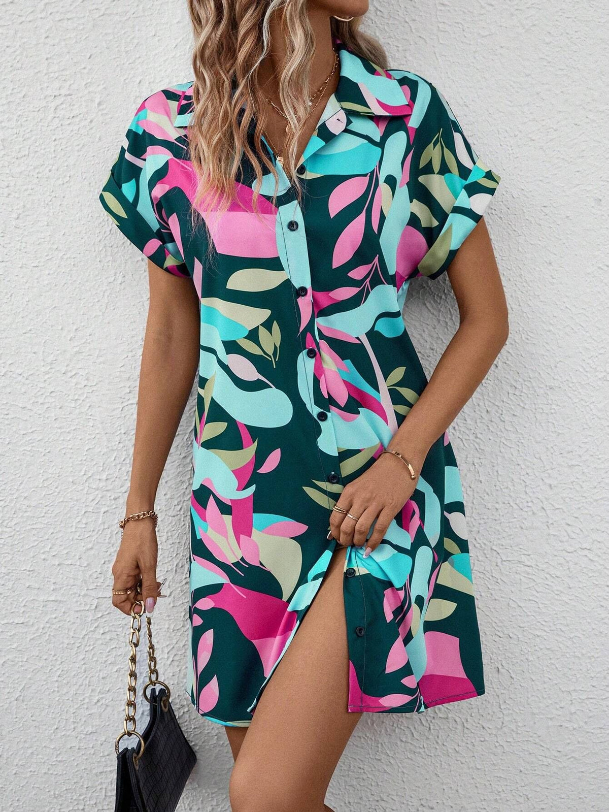 Abstract Print Button Down Shirt Dress