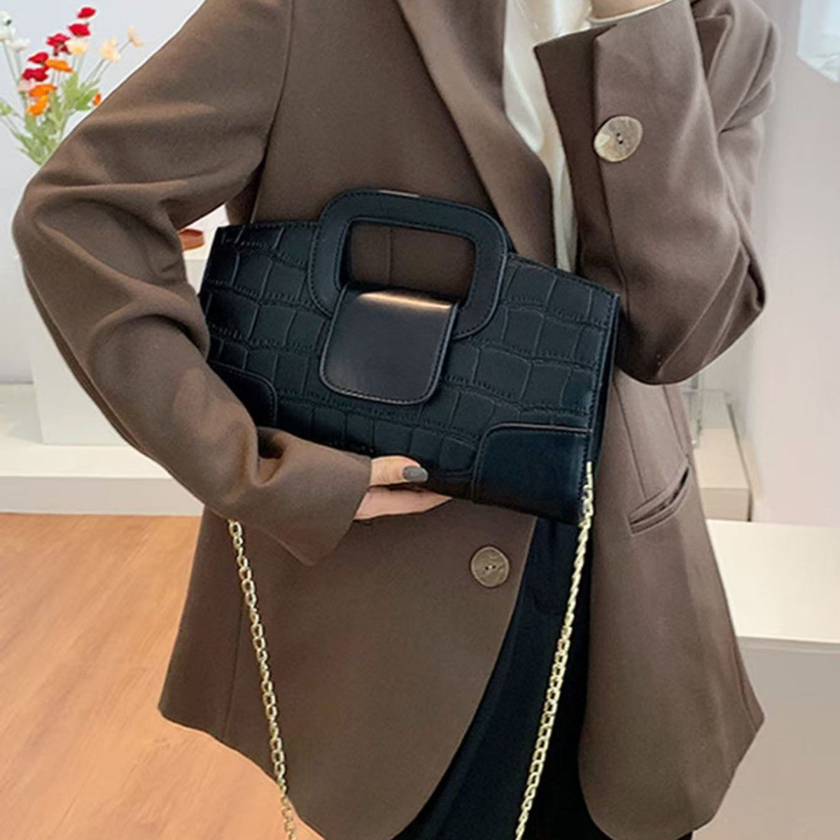 Croc Embossed Top Handle Bag with Chain Strap