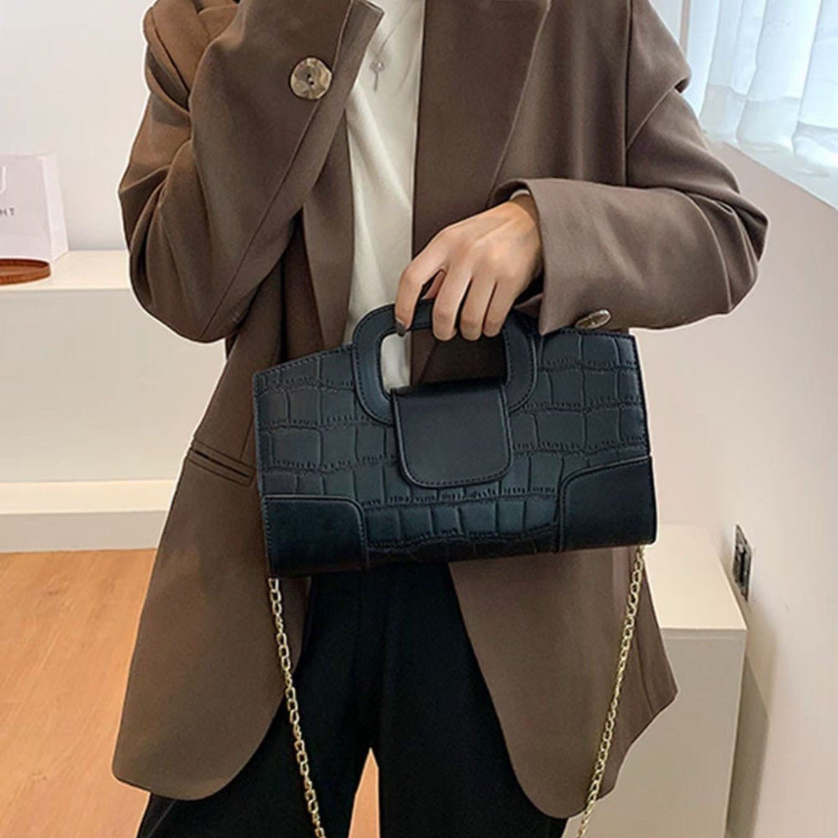 Croc Embossed Top Handle Bag with Chain Strap