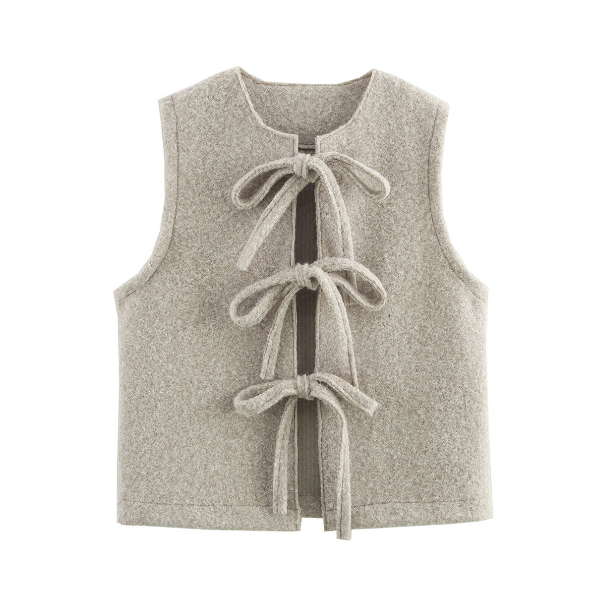 Boucle Knit Bow Tie Front Vest - Beige