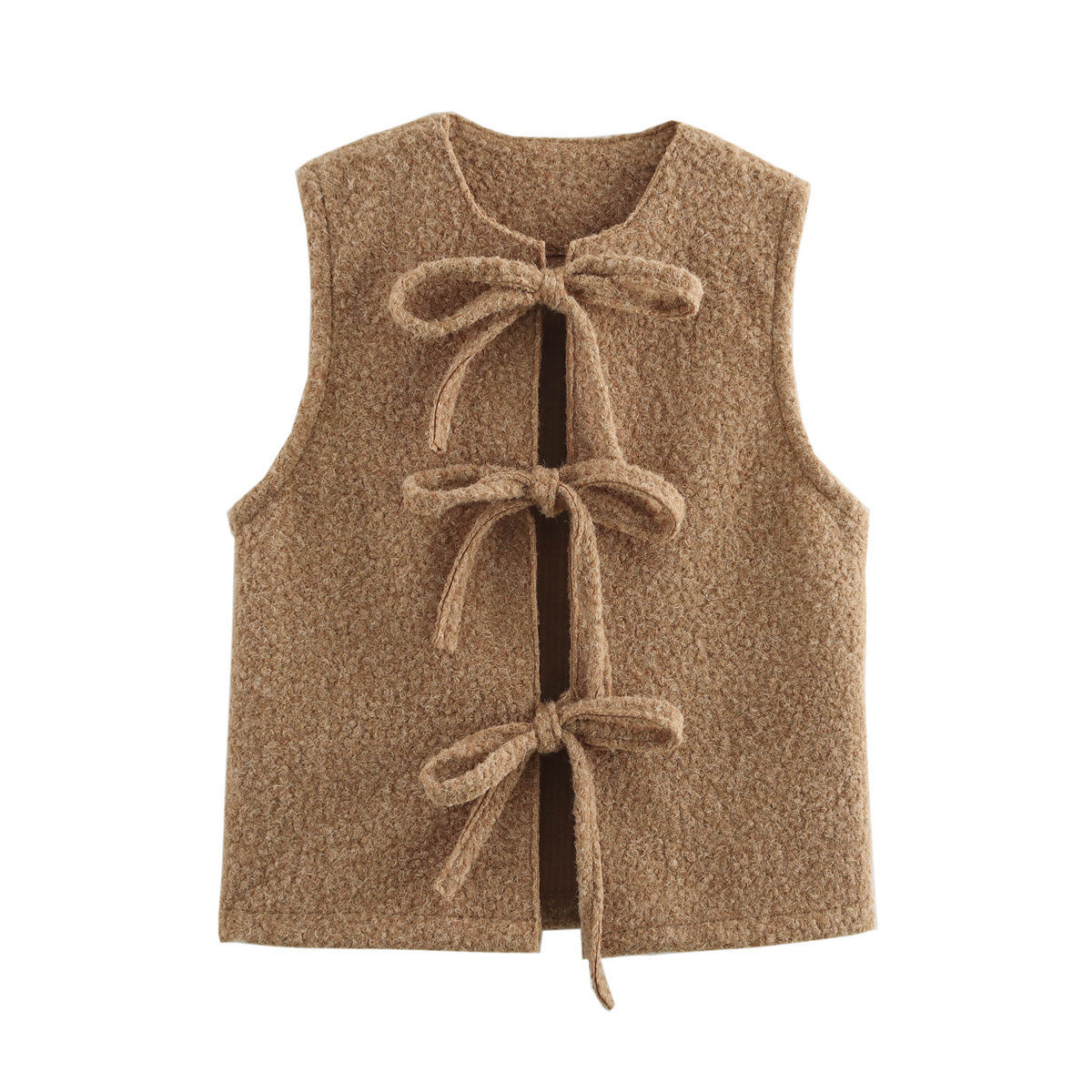 Boucle Knit Bow Tie Front Vest - Khaki