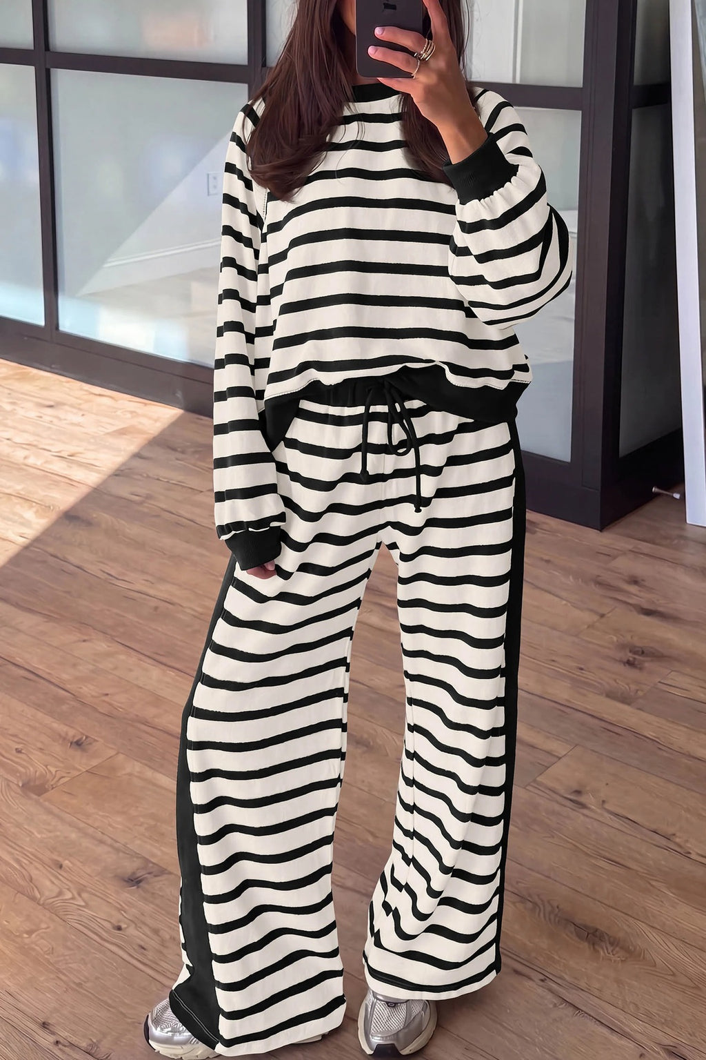 Striped Pullover Top and Wide Leg Drawstring Pant Set - Black