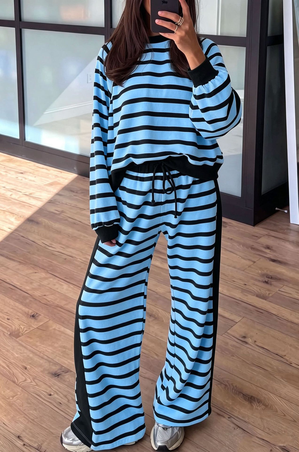 Striped Pullover Top and Wide Leg Drawstring Pant Set - Blue