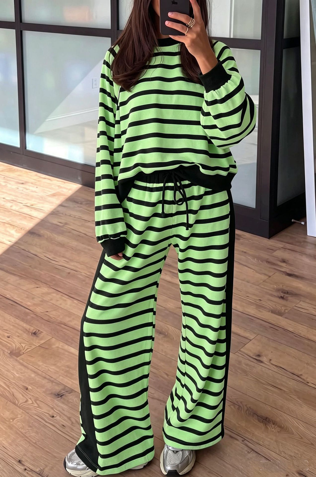 Striped Pullover Top and Wide Leg Drawstring Pant Set - Green