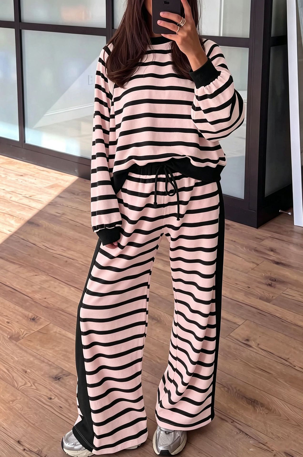 Striped Pullover Top and Wide Leg Drawstring Pant Set - Pink