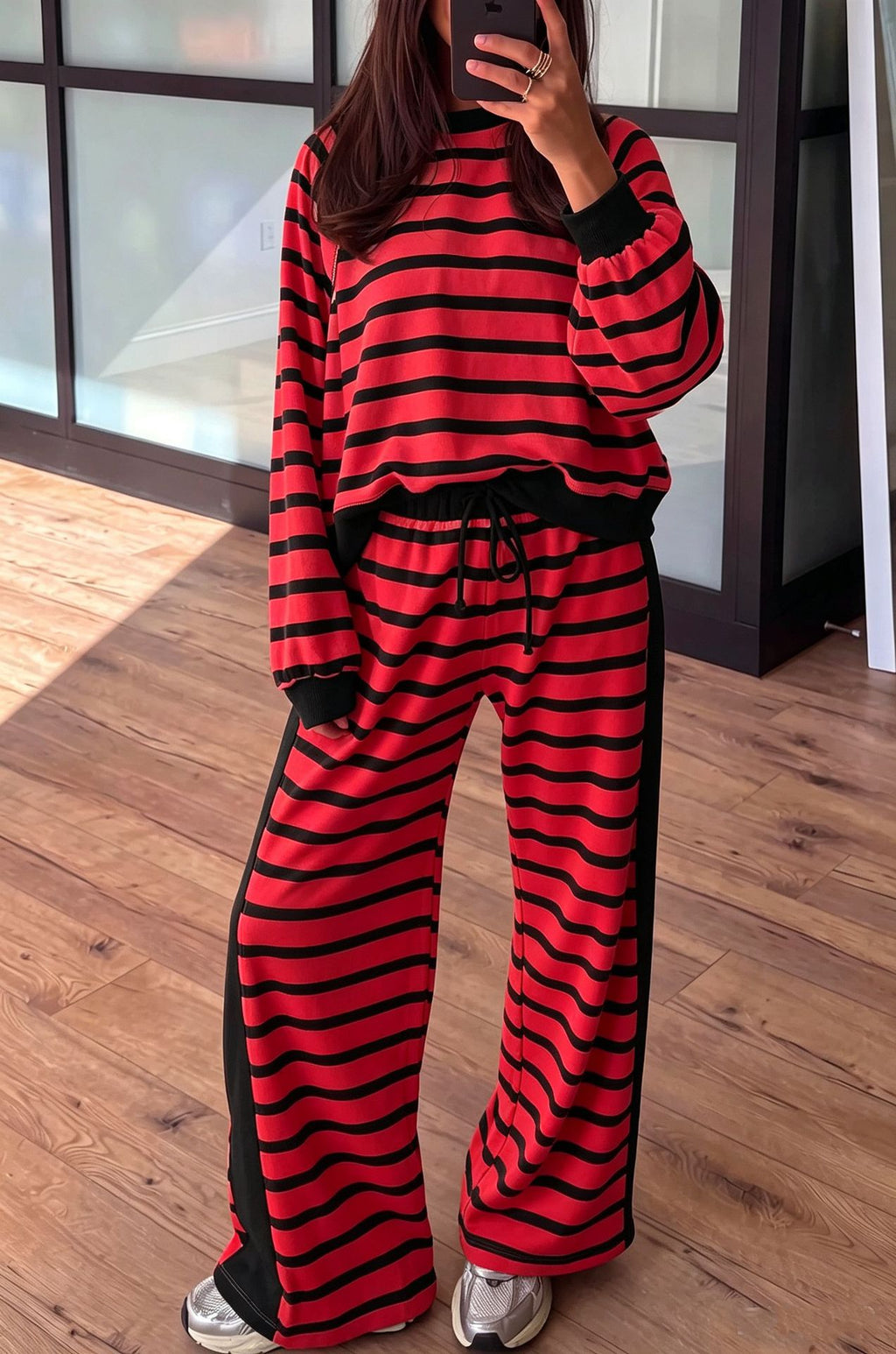 Striped Pullover Top and Wide Leg Drawstring Pant Set - Red