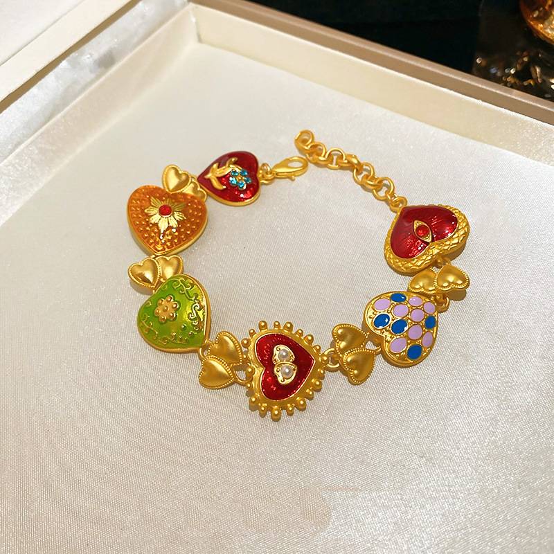 Baroque Enamel Heart Link Bracelet - Gold - 1