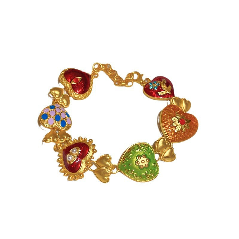 Baroque Enamel Heart Link Bracelet - Gold - 2