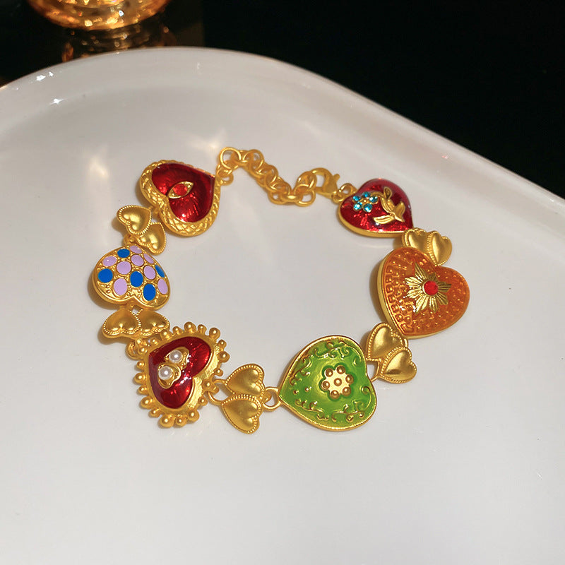Baroque Enamel Heart Link Bracelet - Gold - 3