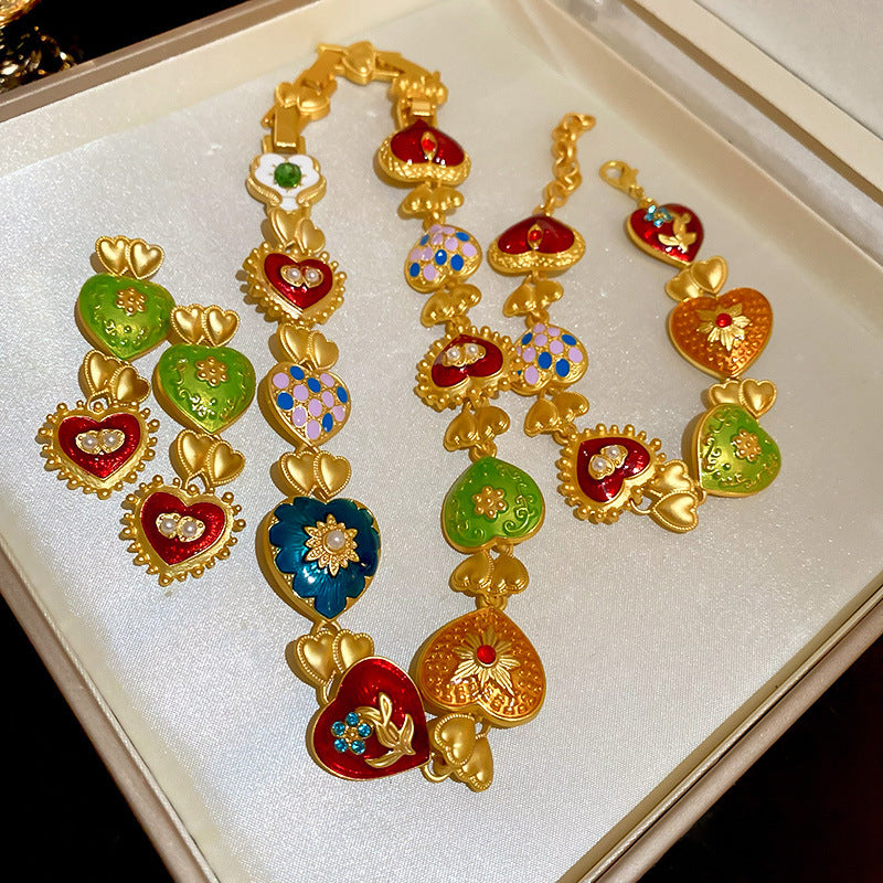 Baroque Enamel Heart Link Bracelet - Gold - 4