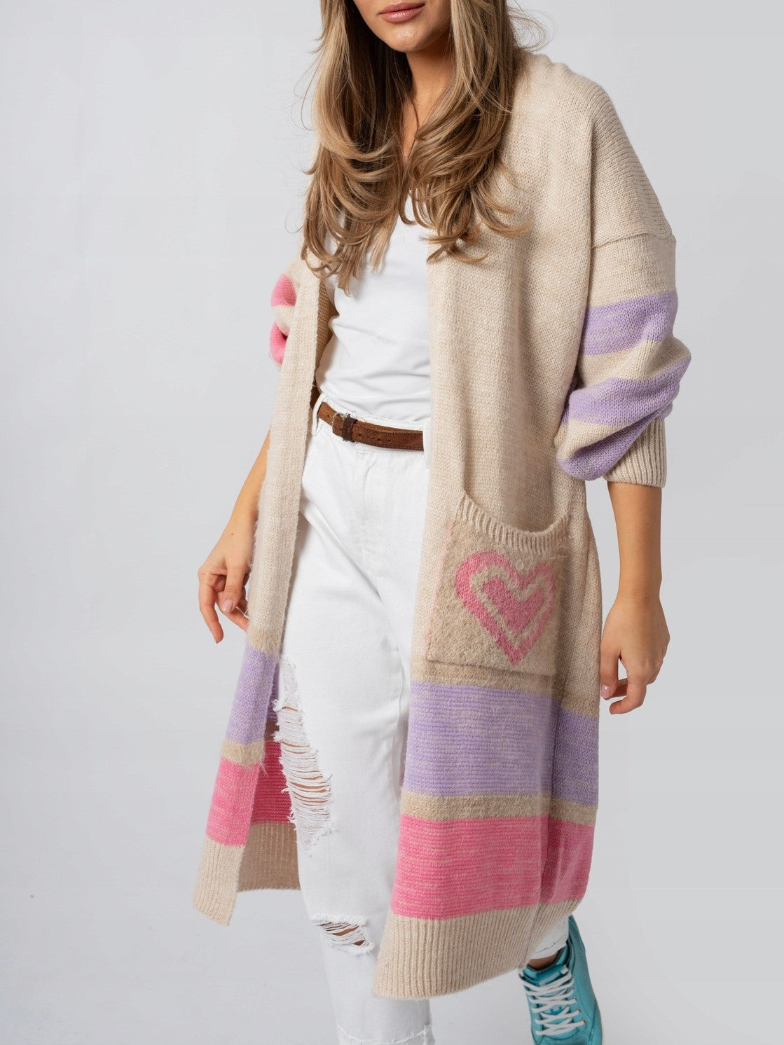 Heart Pocket Color Block Long Cardigan - Apricot