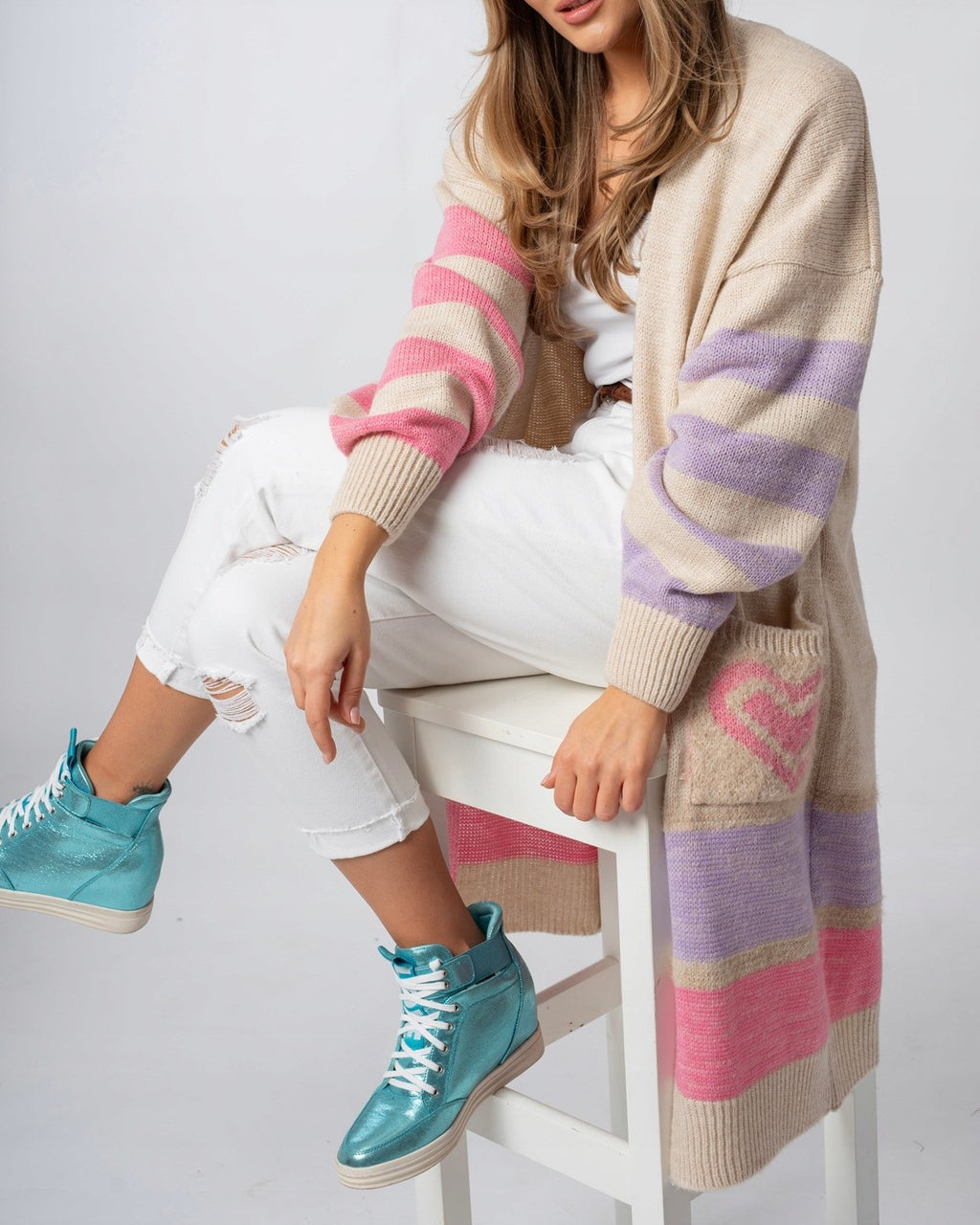 Heart Pocket Color Block Long Cardigan - Apricot - 1