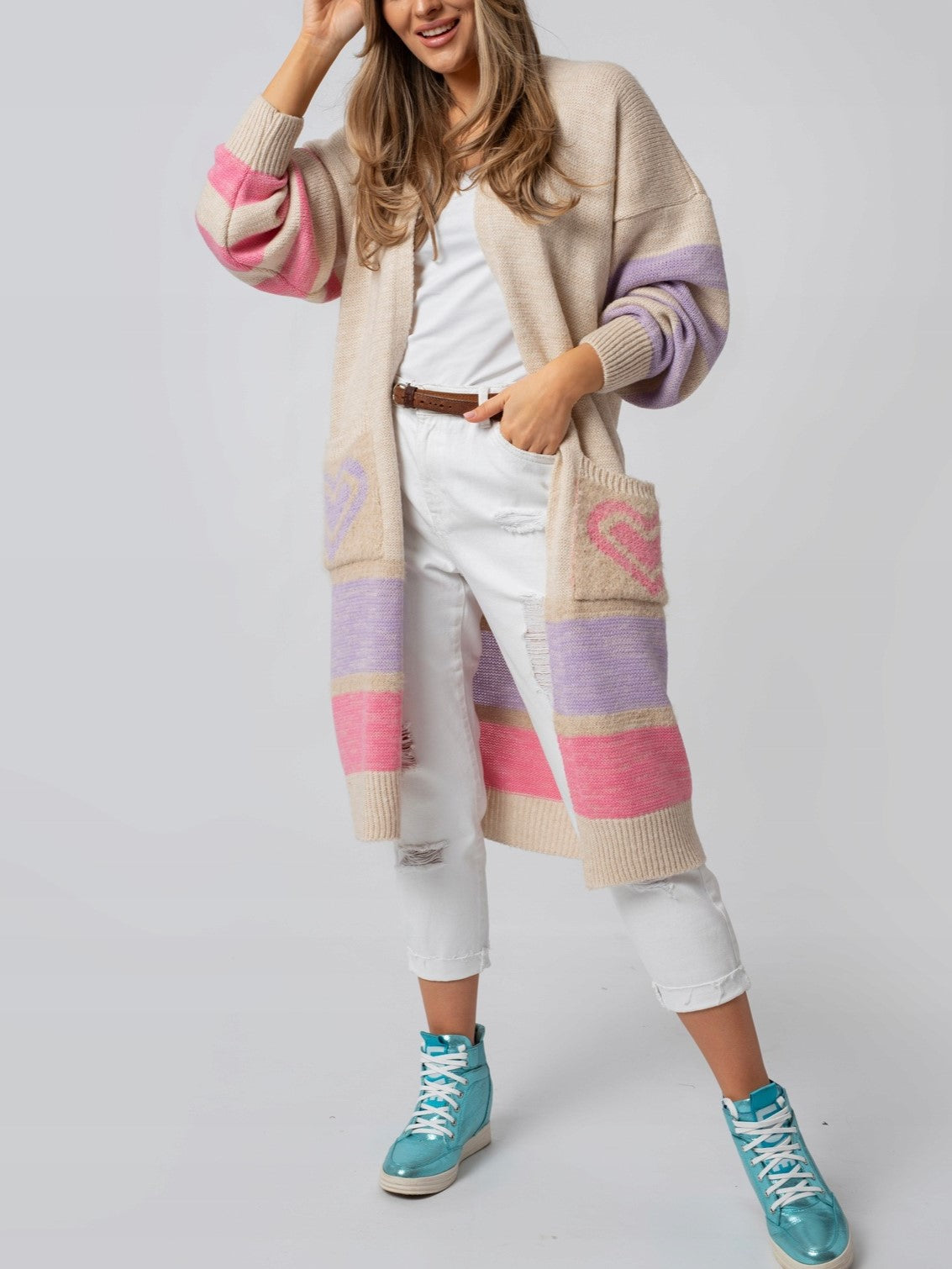 Heart Pocket Color Block Long Cardigan - Apricot - 2