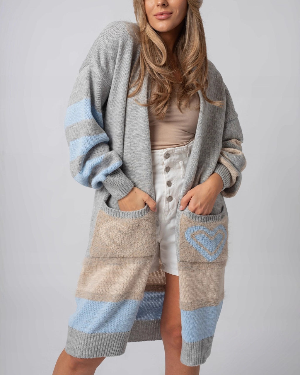 Heart Pocket Color Block Long Cardigan - Gray
