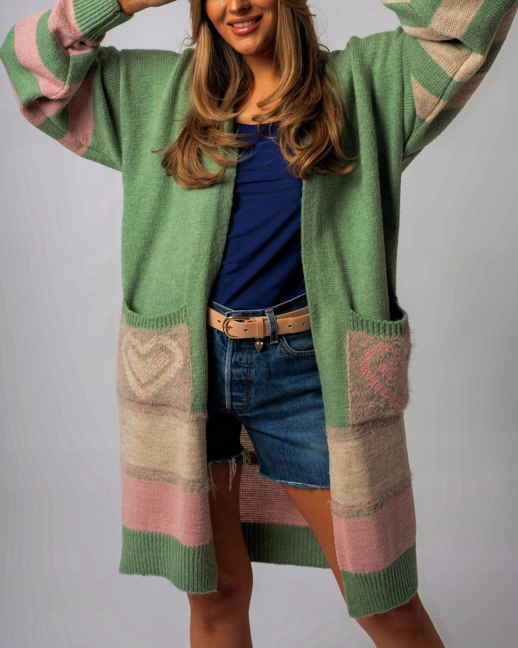 Heart Pocket Color Block Long Cardigan - Green