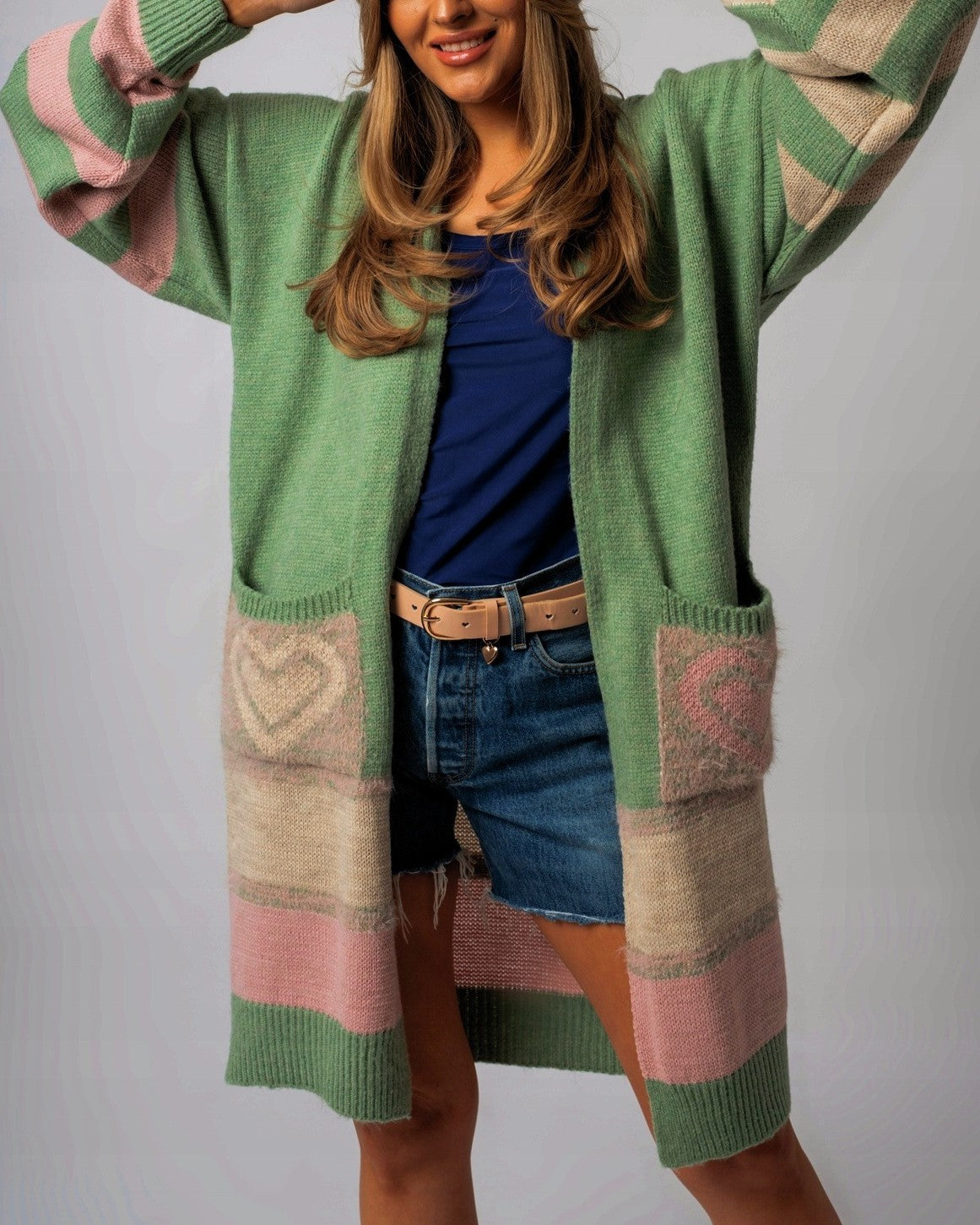 Heart Pocket Color Block Long Cardigan - Green