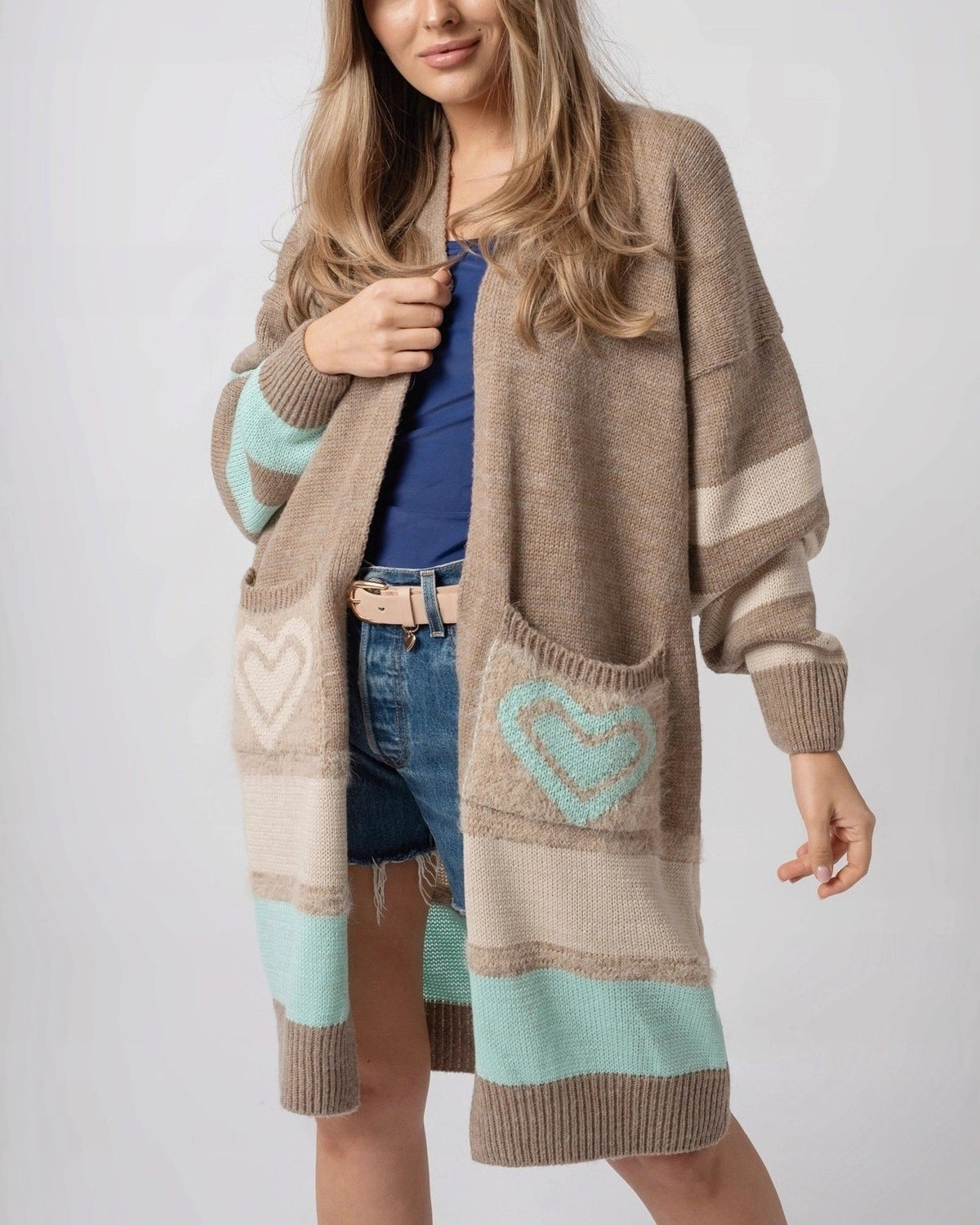 Heart Pocket Color Block Long Cardigan - Khaki