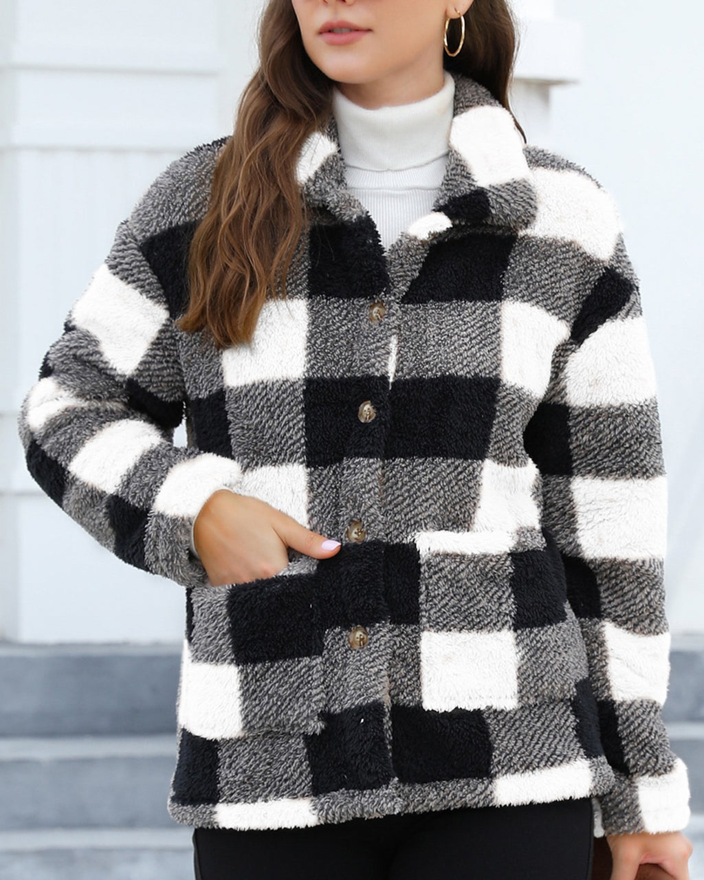 Buffalo Check Sherpa Shacket with Patch Pockets - Black