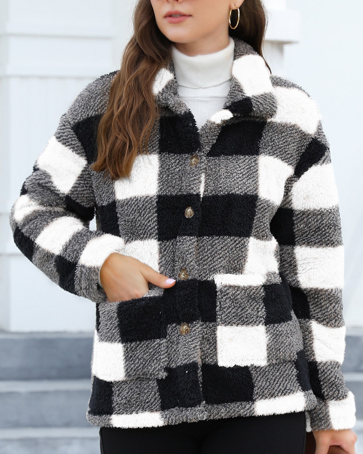 Buffalo Check Sherpa Shacket with Patch Pockets - Black