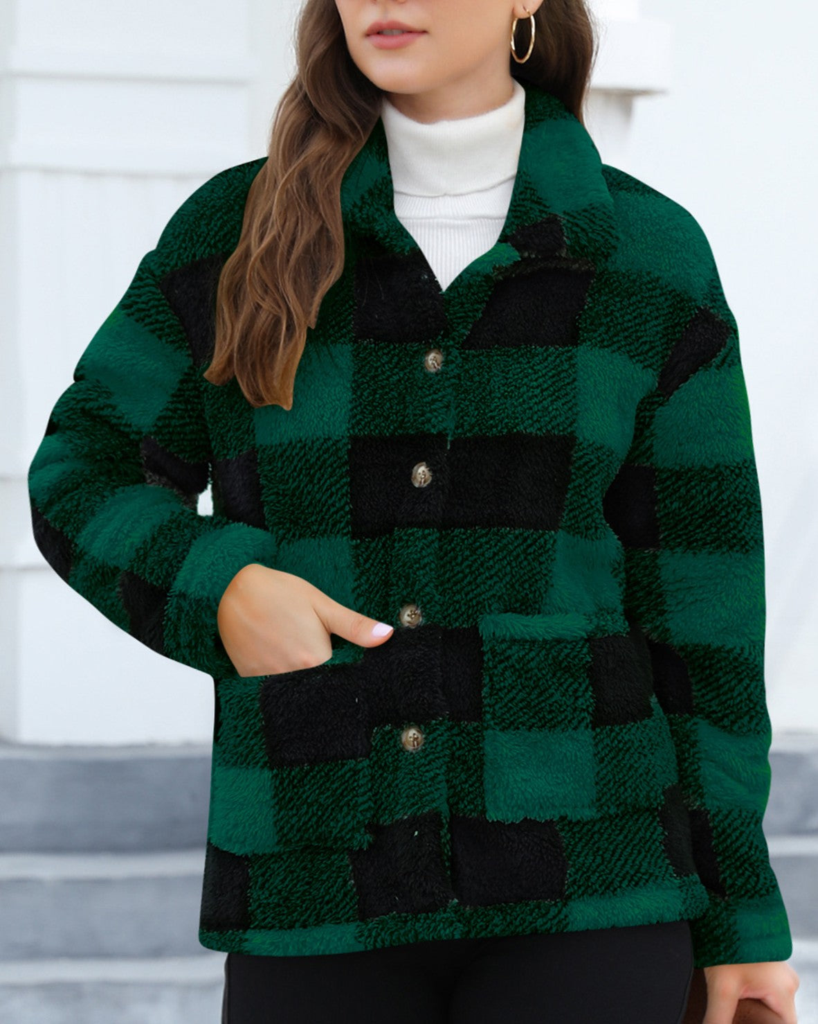 Buffalo Check Sherpa Shacket with Patch Pockets - Dark-Green