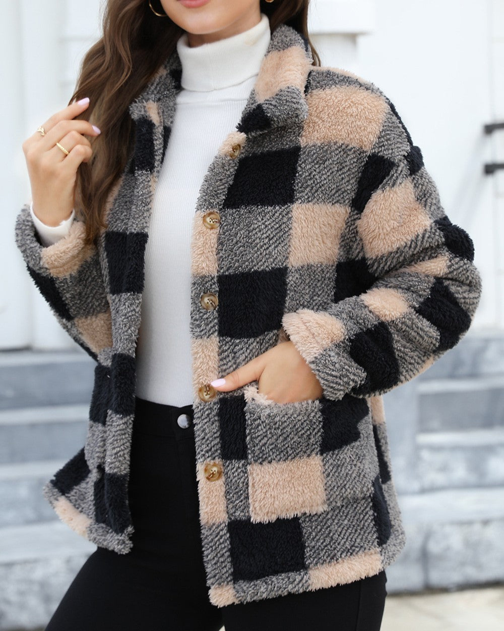Buffalo Check Sherpa Shacket with Patch Pockets - Khaki - 2