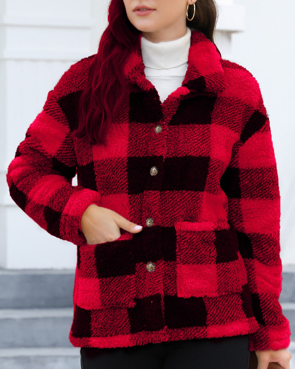 Buffalo Check Sherpa Shacket with Patch Pockets - Red
