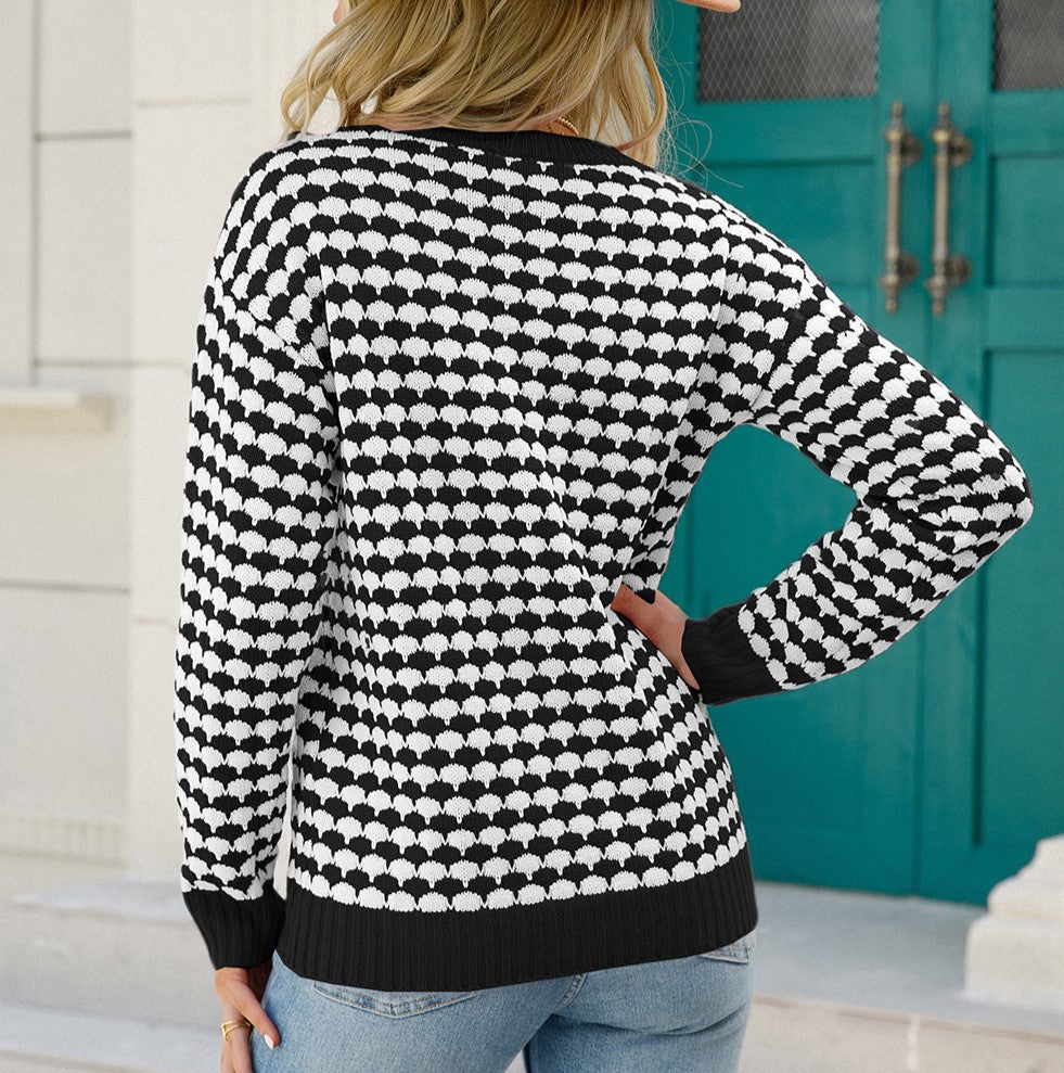 Two Tone Bobble Knit Contrast Trim Sweater - Black - 1