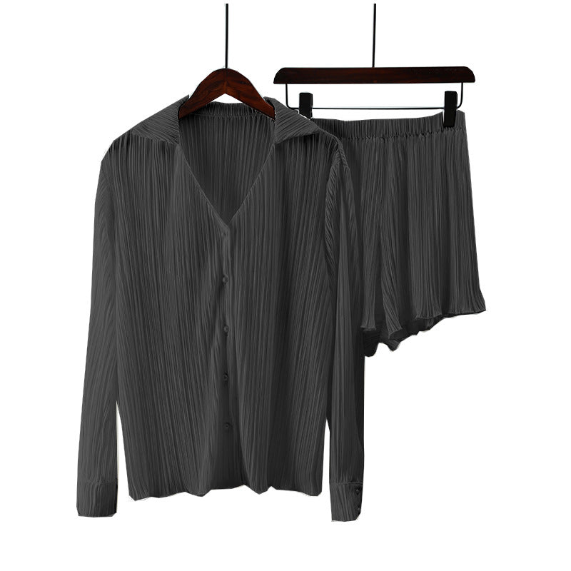 Pleated Collared Shirt and Shorts Set - Black