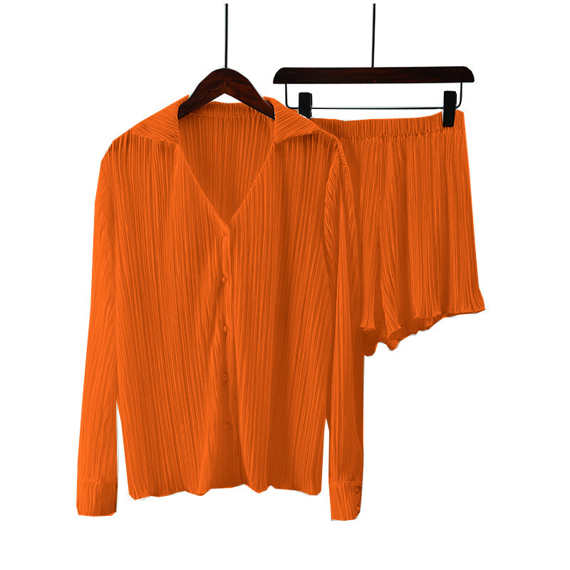 Pleated Collared Shirt and Shorts Set - Orange