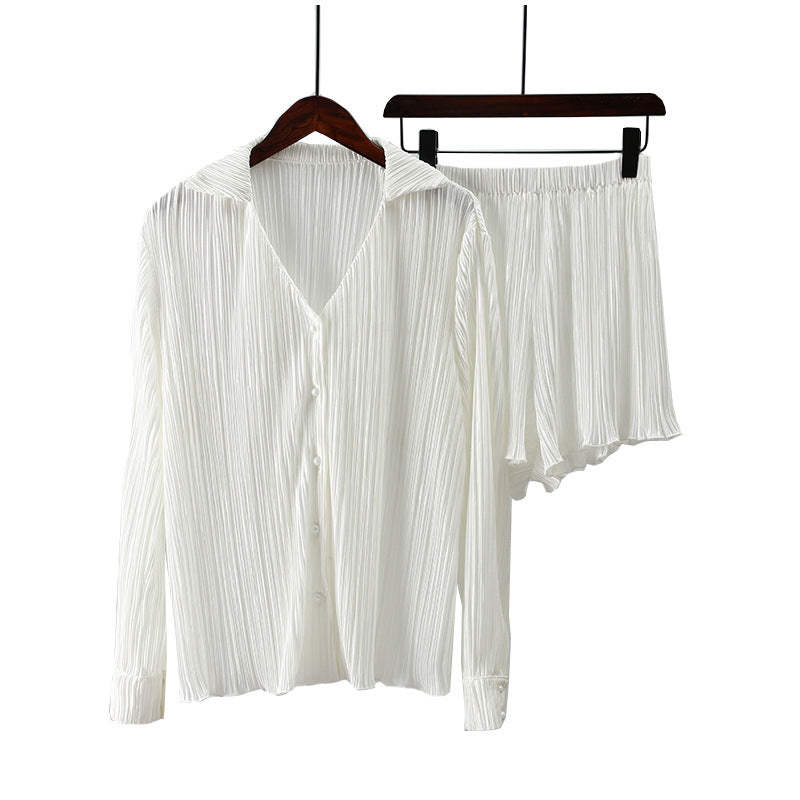 Pleated Collared Shirt and Shorts Set - White