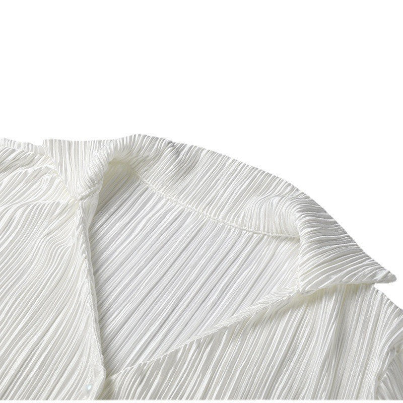 Pleated Collared Shirt and Shorts Set - White - 1