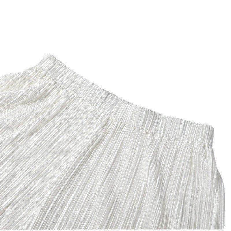 Pleated Collared Shirt and Shorts Set - White - 3