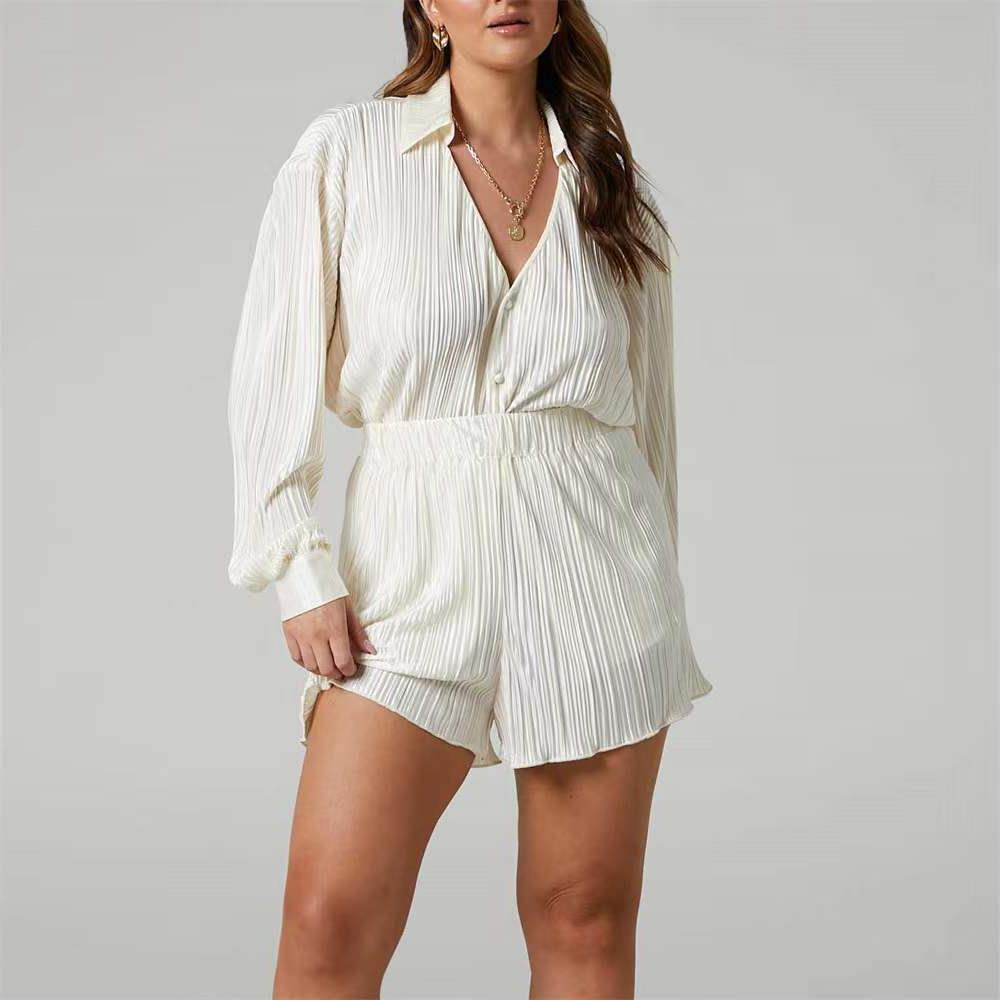 Pleated Collared Shirt and Shorts Set - White - 5