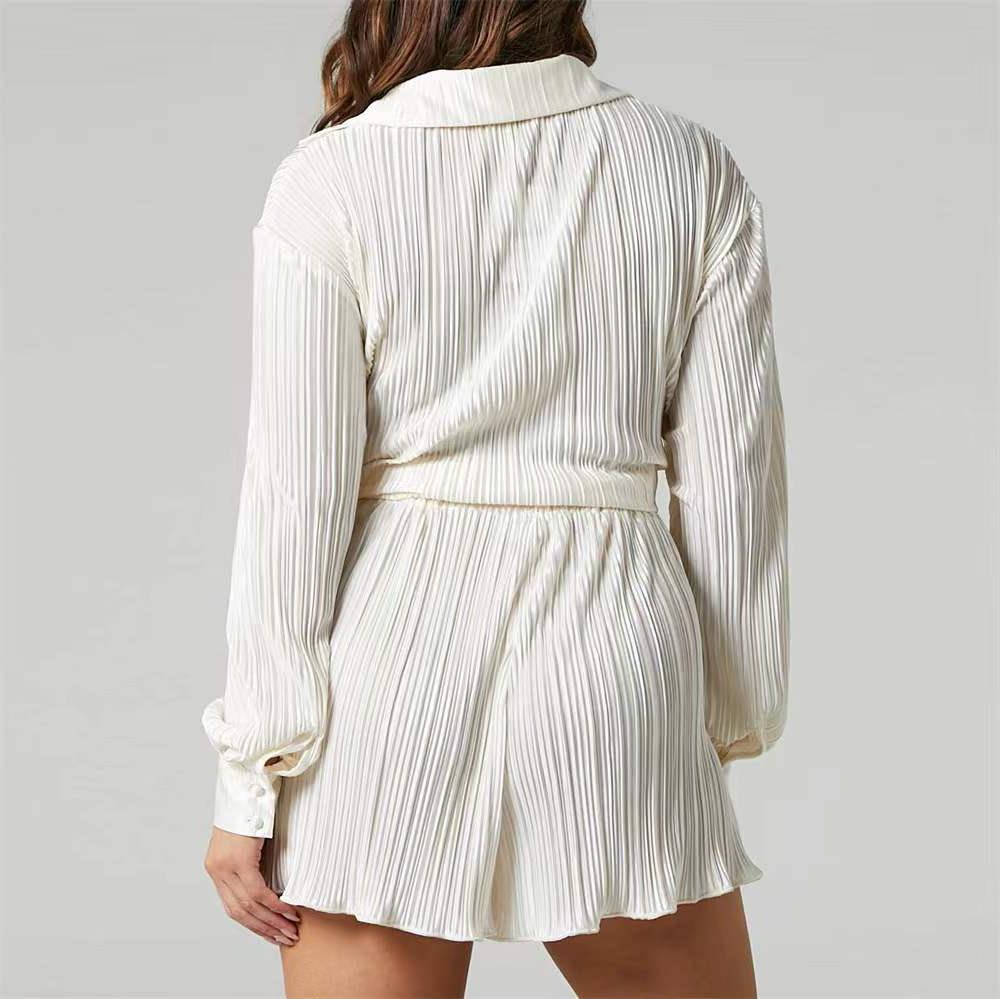 Pleated Collared Shirt and Shorts Set - White - 6