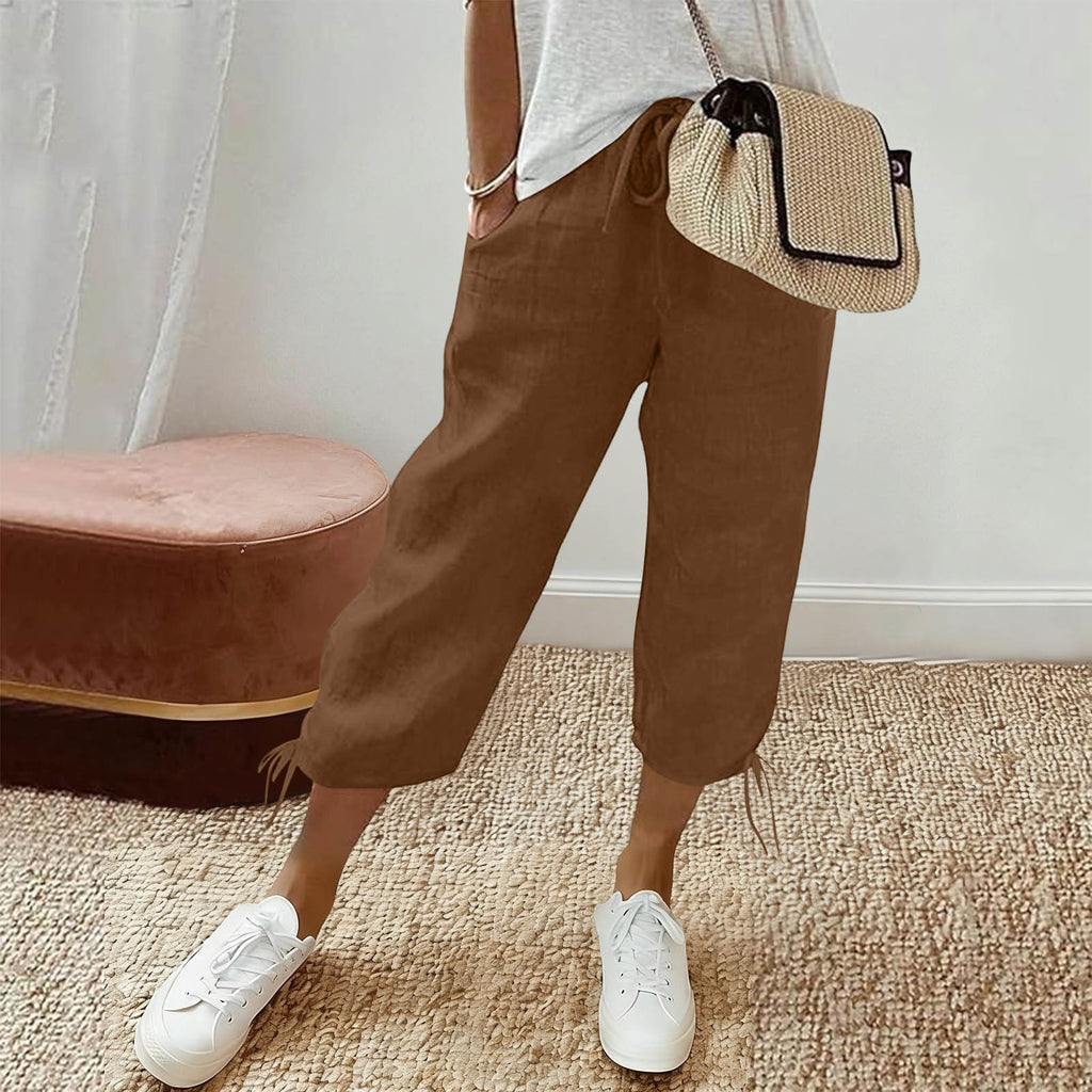 Cotton Drawstring Tie Hem Straight Capri Pants - Camel